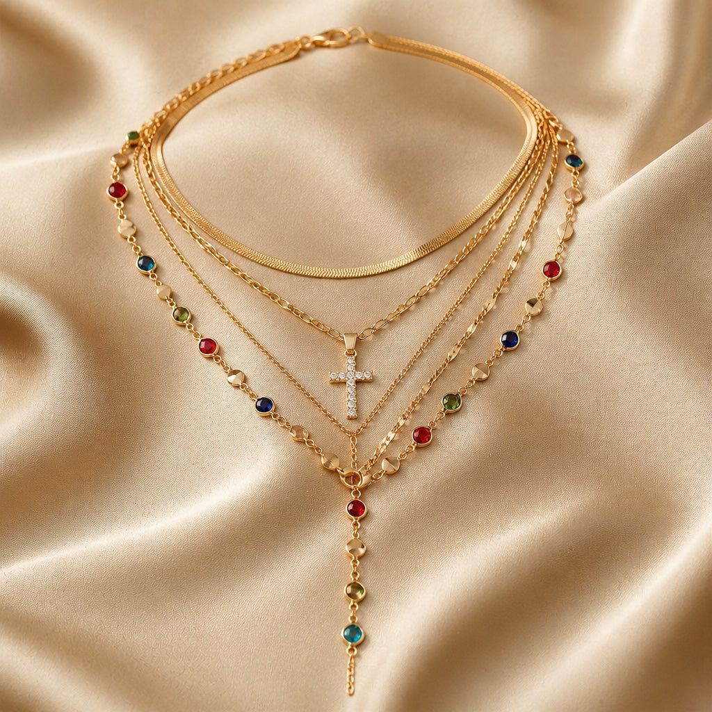 Set of necklace and earrings in white gold with multicoloured stones