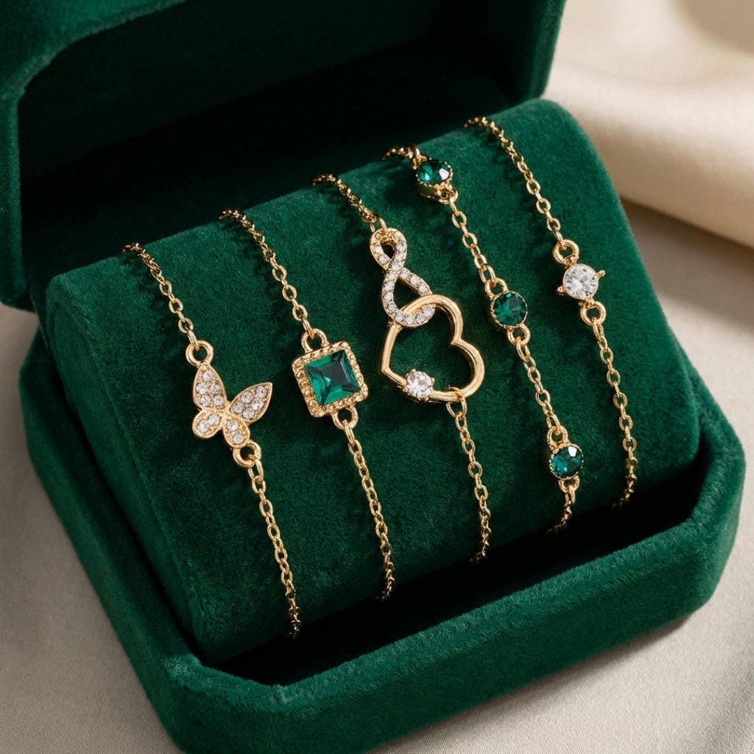 Bracelet Set with Green Crystal Stone Hallow Heart