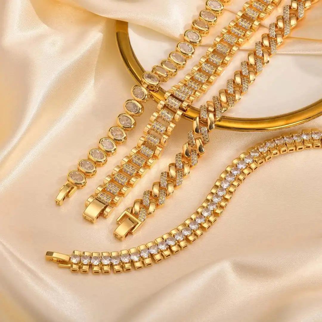 Gold Thick Adjustable Bracelet with Cubic Zirconia