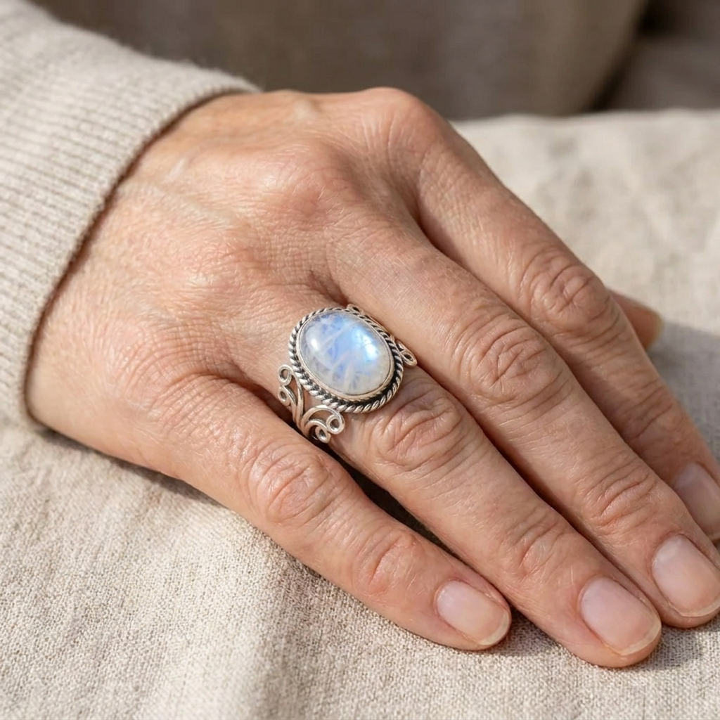 Oval Moonstone Ring with Spiral Design