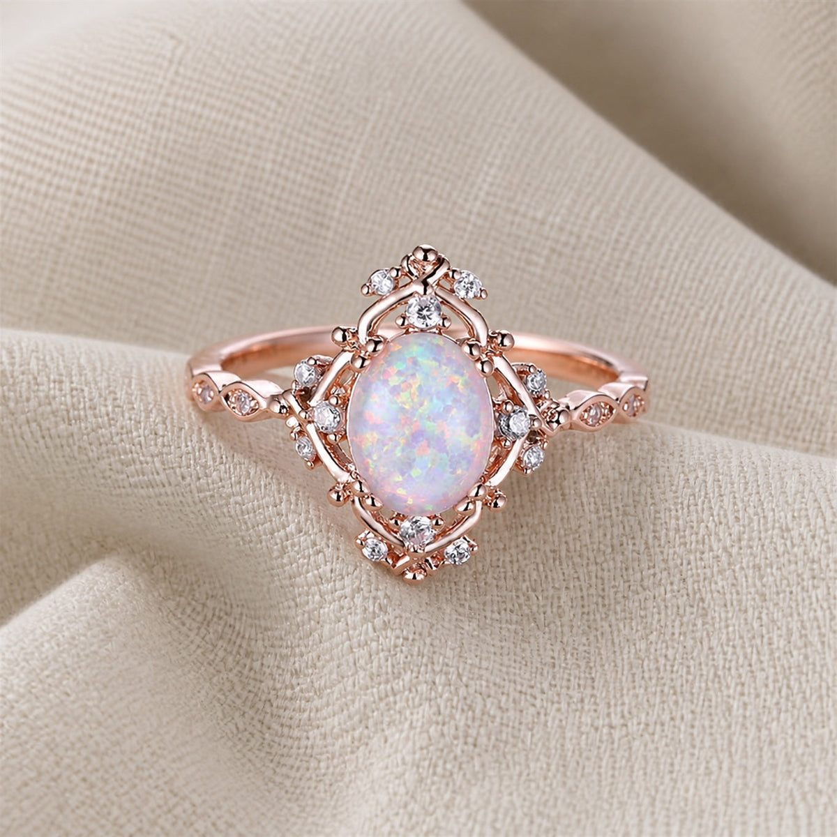Flower Ring with White Opal in Oval Shape
