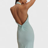 Klara – Satin dress with a curvy silhouette and halterneck