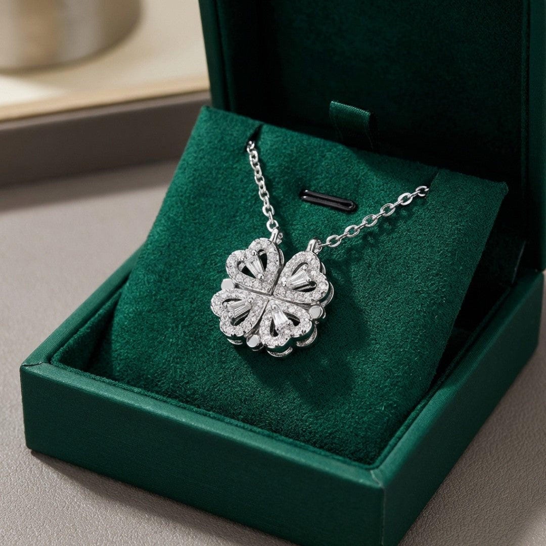 Gold Clover Necklace with Hanging Heart made of Zircon