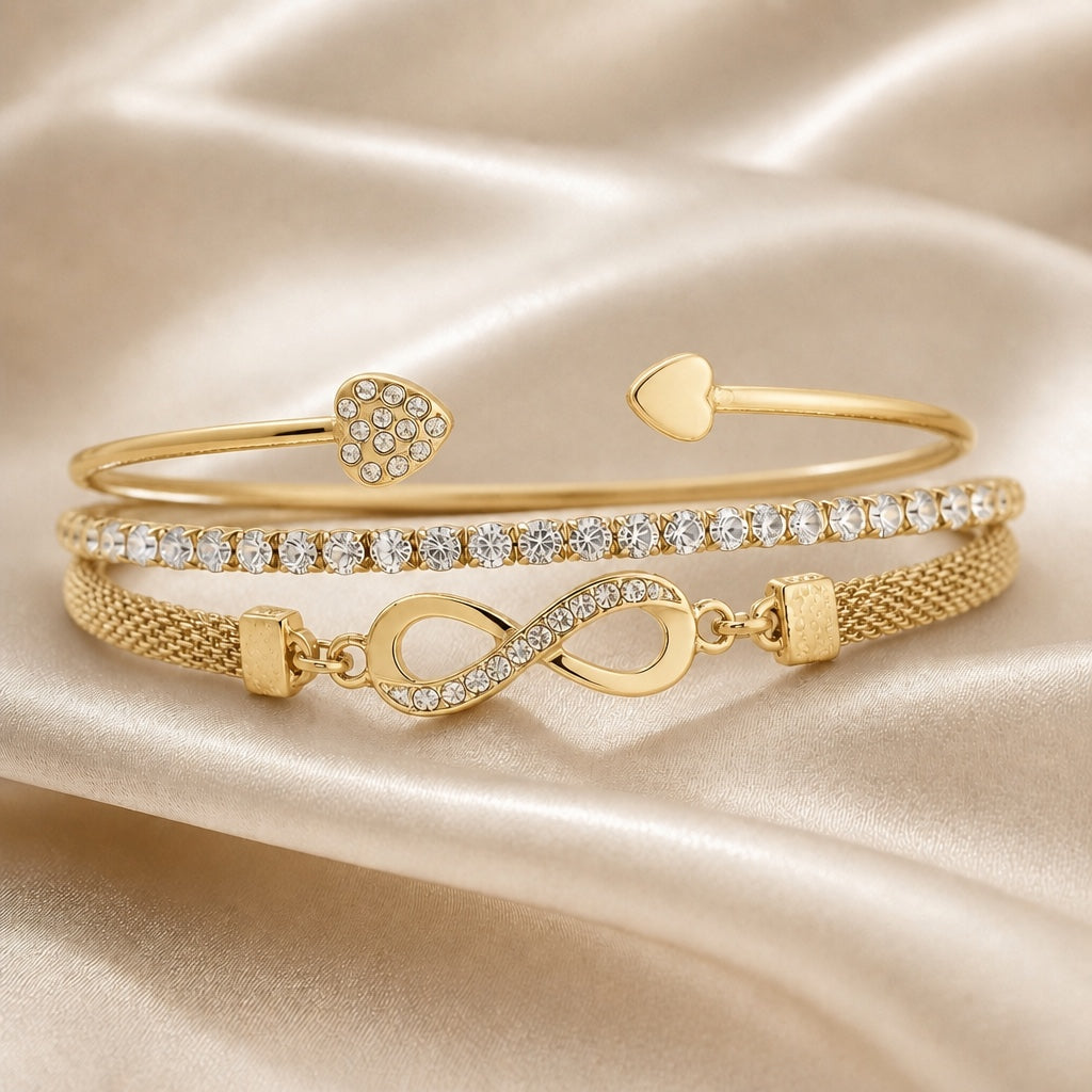 Collection of Bracelets with Rhinestones in White Gold and Infinity Design