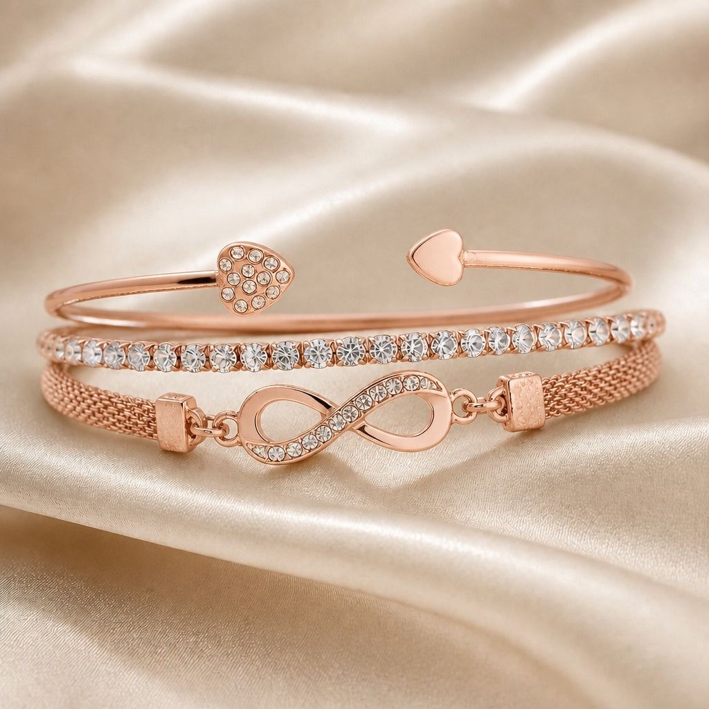 Collection of Bracelets with Rhinestones in White Gold and Infinity Design