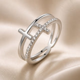Double Layer Ring: White Gold Ring with Zircon Cross
