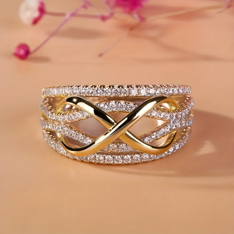 "Infinity" Ring in Zirconia, Gold-Plated with White Gold