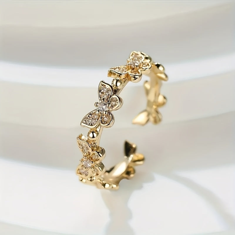 Butterfly-Shaped White Gold Ring with Crystals