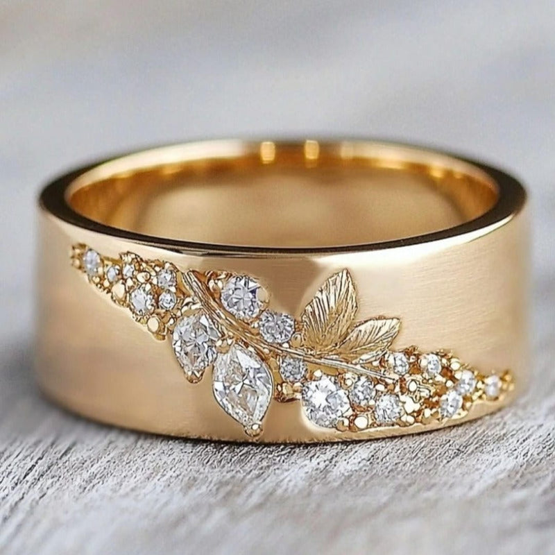 Exquisite Gold Embedded Leaf Ring with Zirconia