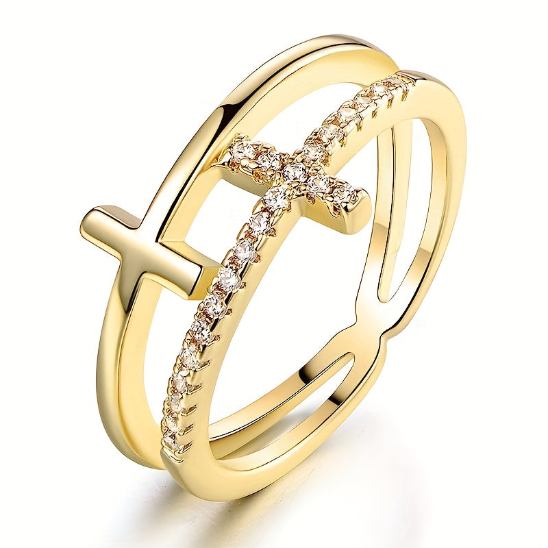 Double Layer Ring: White Gold Ring with Zircon Cross
