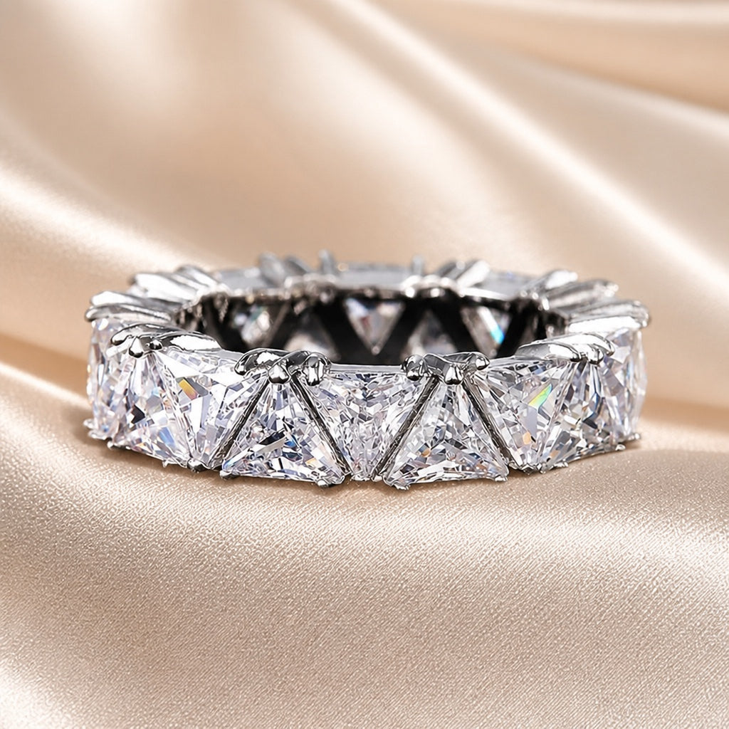 Triangular Zircon Ring Plated with White Gold