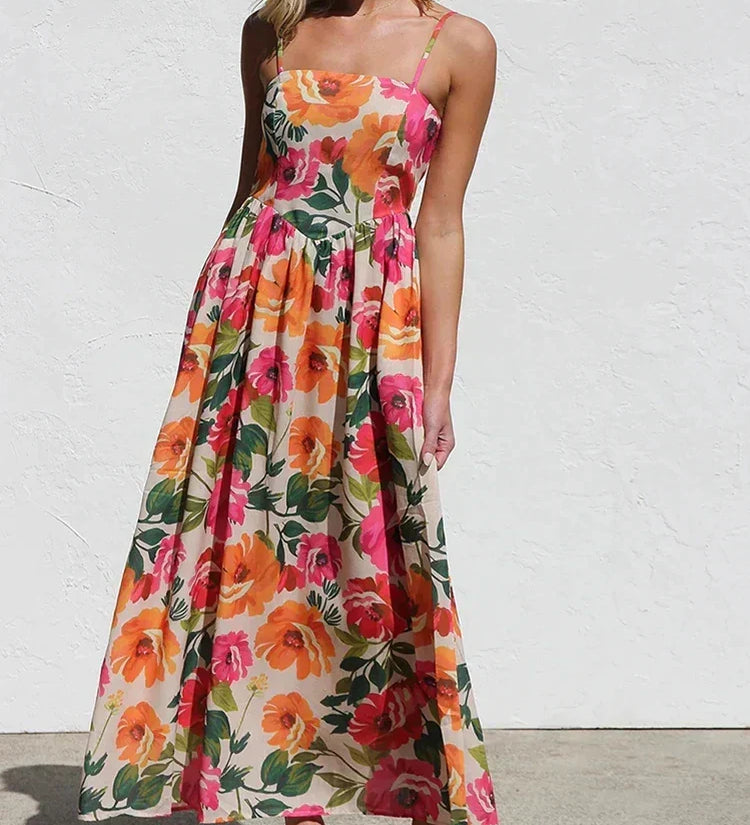 Isadora Maxi Dress with Open Back and Flowers for Women