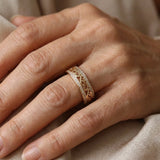 Filigree Ring with Bold Pavé Stones in Gold Tone