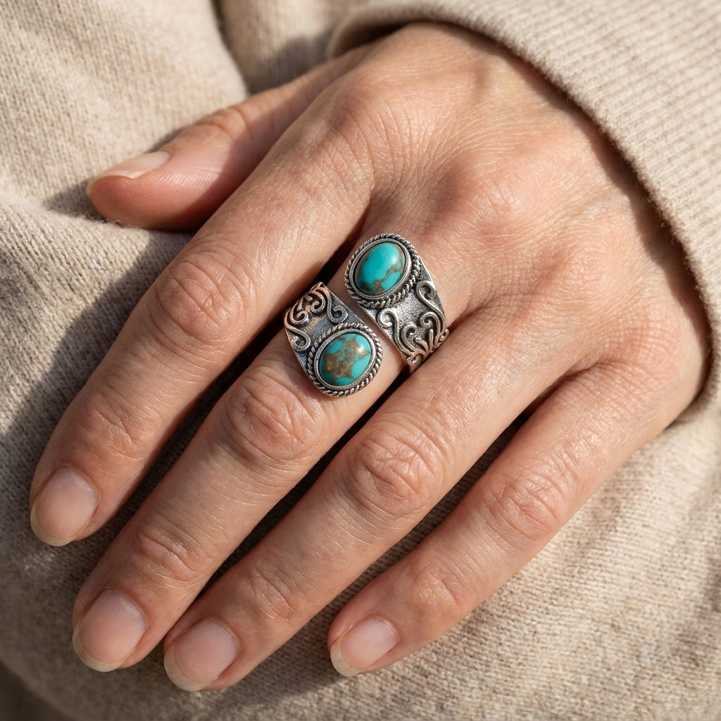 Eva™ - Silver Wrap Ring with Double Turquoise