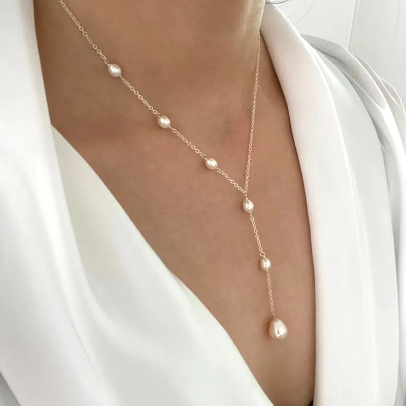 Lariat Necklace with Waterfall Pearls